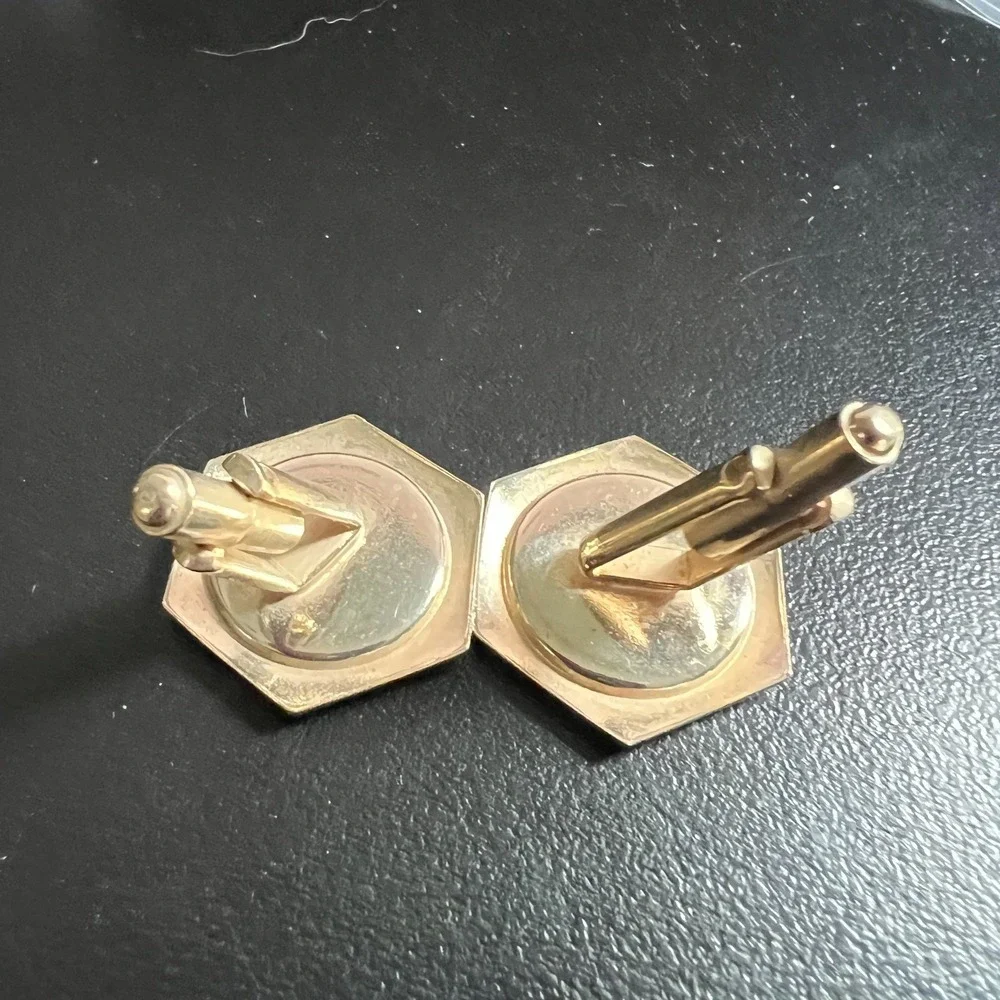 Vintage Faux Mother Of Pearl Hexagon Cufflinks Gold Tone Menswear Classic Dressy